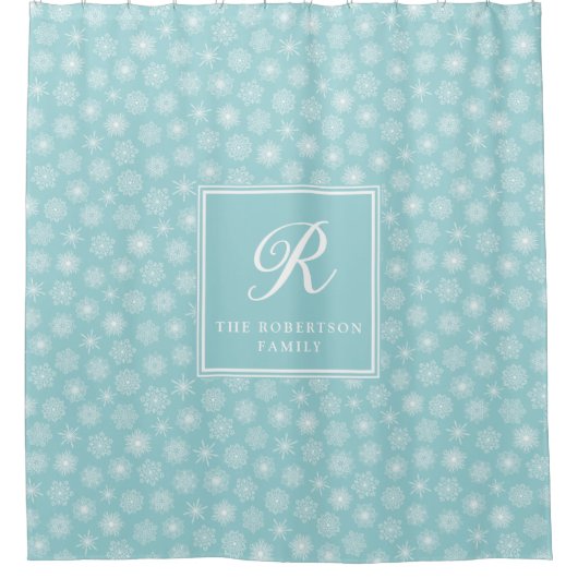 Monogram Blauwgroen Aqua Blue Snowflakes Kustkust Douchegordijn (Voorkant)