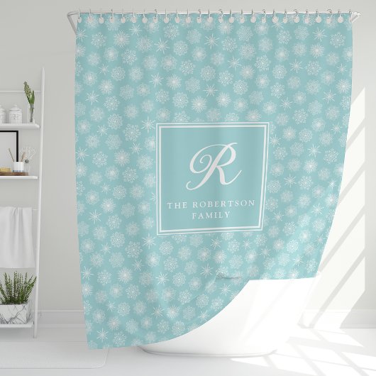 Monogram Blauwgroen Aqua Blue Snowflakes Kustkust Douchegordijn