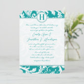 Monogram Blauwgroen Aqua  Damask Wedding Invite Kaart (Staand voorkant)
