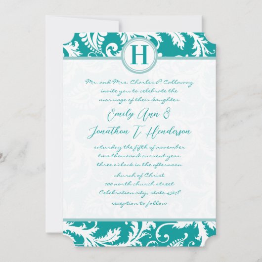 Monogram Blauwgroen Aqua Damask Wedding Invite Kaart (Voorkant)