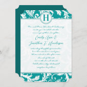 Monogram Blauwgroen Aqua  Damask Wedding Invite Kaart (Voorkant / Achterkant)