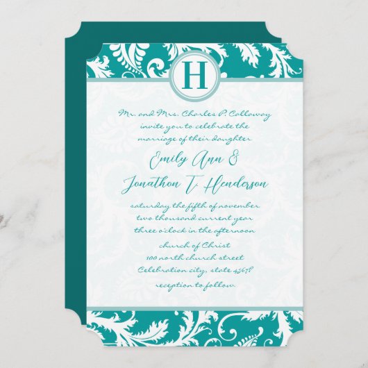 Monogram Blauwgroen Aqua  Damask Wedding Invite Kaart (Voorkant / Achterkant)