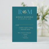 Monogram Blauwgroen Aqua Turquoise Elegant Huwelij RSVP Kaartje (Staand voorkant)