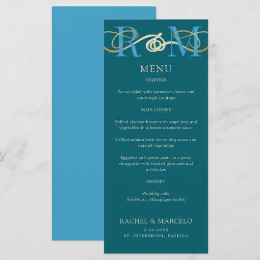 Monogram Blauwgroen Aqua Turquoise Elegant Trouwme Menu (Voorkant / Achterkant)