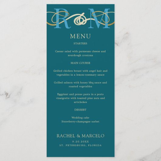 Monogram Blauwgroen Aqua Turquoise Elegant Trouwme Menu (Voorkant)