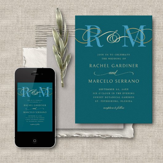 Monogram Blauwgroen Aqua Turquoise QR Code Wedding Kaart