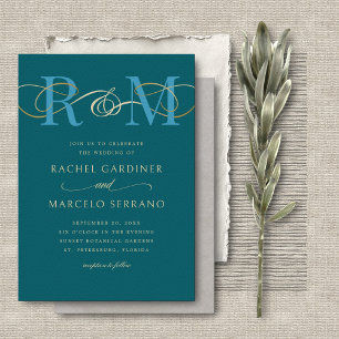 Monogram Blauwgroen Aqua Turquoise QR Code Wedding Kaart