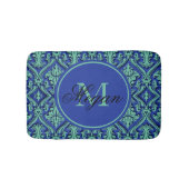 Monogram Blauwgroen Blauw Damask reliëfstijl Badmat (Voorkant)