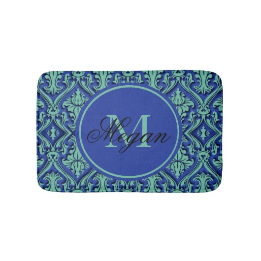 Monogram Blauwgroen Blauw Damask reliëfstijl Badmat (Voorkant)