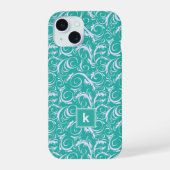 Monogram blauwgroen blauw Damaspatroon iPhone 15 Case (Achterkant)