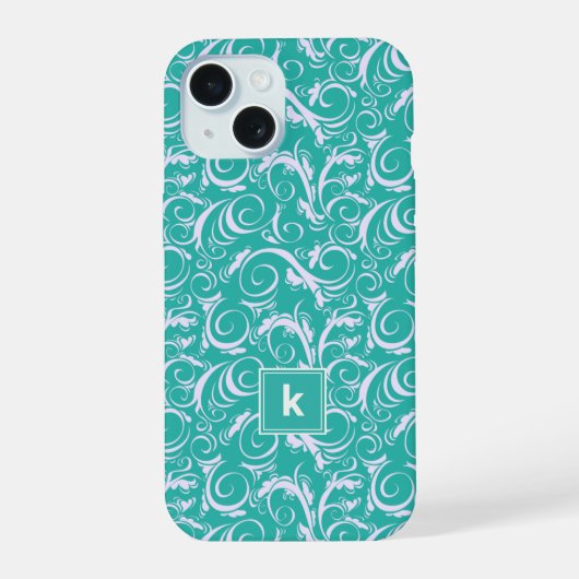Monogram blauwgroen blauw Damaspatroon iPhone 15 Case (Achterkant)