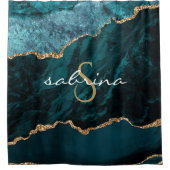 Monogram Blauwgroen Blauw Goud Geode Douchegordijn (Voorkant)