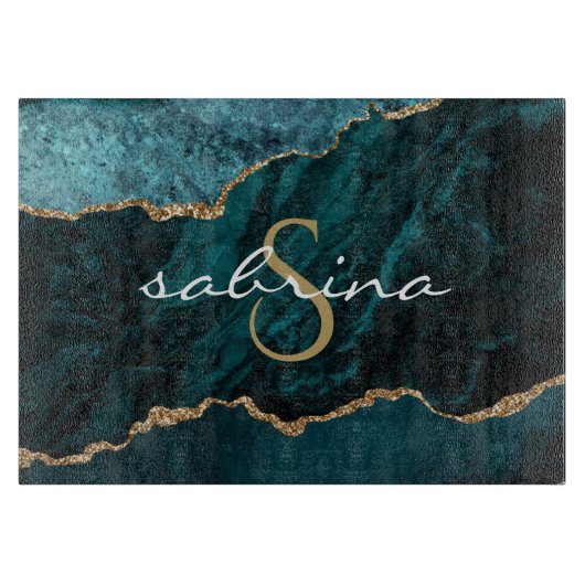 Monogram Blauwgroen Blauw Goud Geode Snijplank (Voorkant)