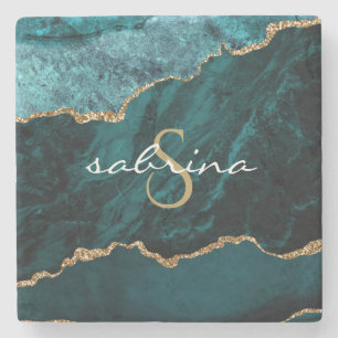Monogram Blauwgroen Blauw Goud Geode Stenen Onderzetter
