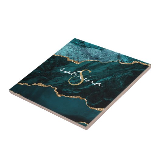 Monogram Blauwgroen Blauw Goud Geode Tegeltje (Zijkant)
