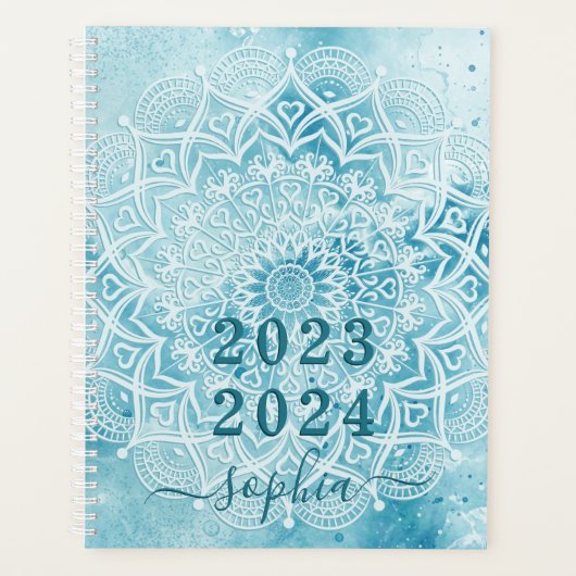 Monogram Blauwgroen Blauw Marmer Mandala 2023 2024 Planner (Voorkant)