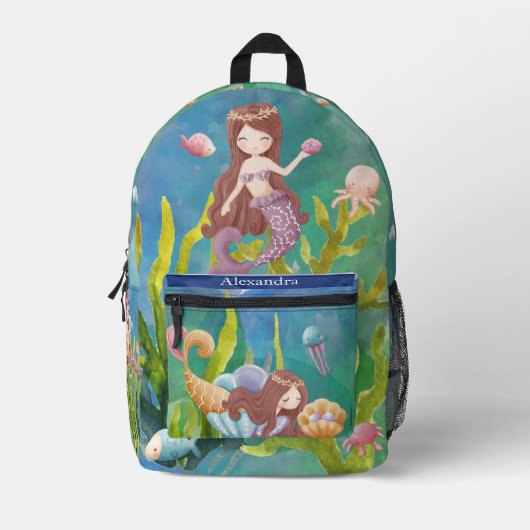 Monogram Blauwgroen Blauw Zeemeermin Dolfijn Zee O Bedrukte Rugzak (Voorkant)