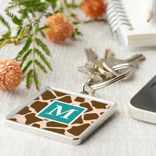 Monogram Blauwgroen blauwe bruine Giraffe Print Sl Sleutelhanger (Zijkant)