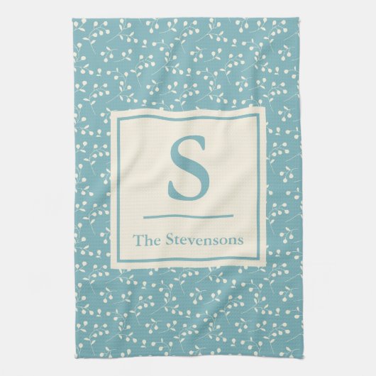 Monogram Blauwgroen Blauwe Floral Modern Theedoek (Verticaal)