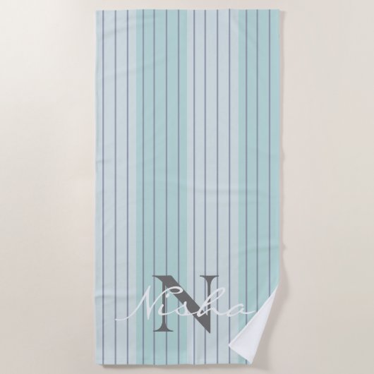 Monogram blauwgroen blauwe grijze strepen strandlaken (Voorkant)