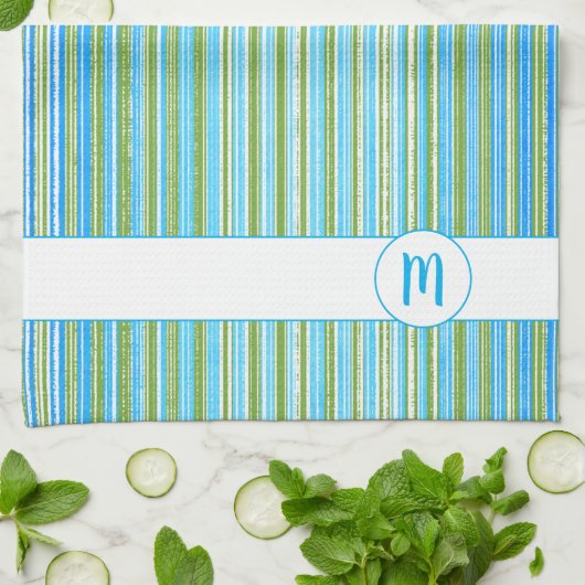 Monogram blauwgroen, Blauwe, Groene, en Witte Stri Theedoek (Gevouwen)