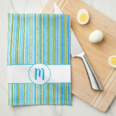 Monogram blauwgroen, Blauwe, Groene, en Witte Stri Theedoek (Quarter Fold)