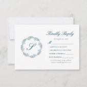 Monogram Blauwgroen Blauwe Krans bruiloft RSVP Kaartje (Voorkant)