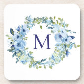 Monogram Blauwgroen Bloemmotief Waterverf  Bier Onderzetter (Voorkant)
