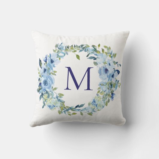 Monogram Blauwgroen Bloemmotief Waterverf Kussen (Achterkant)