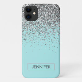 Monogram Blauwgroen Blue Silver Glam Glitter Name Case-Mate iPhone Case