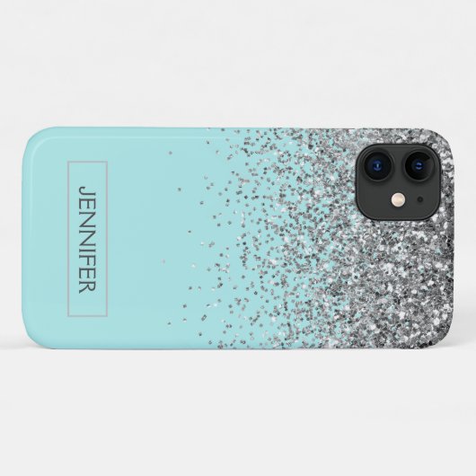 Monogram Blauwgroen Blue Silver Glam Glitter Name Case-Mate iPhone Case (Achterkant (horizontaal))