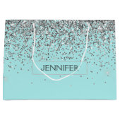 Monogram Blauwgroen Blue Silver Glam Glitter Name Groot Cadeauzakje (Voorkant)