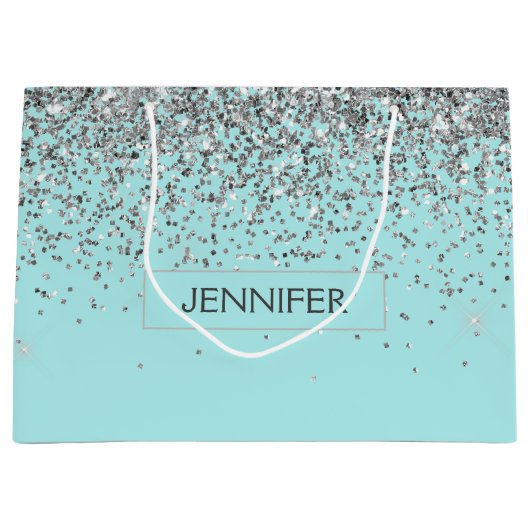 Monogram Blauwgroen Blue Silver Glam Glitter Name Groot Cadeauzakje (Voorkant)