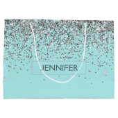 Monogram Blauwgroen Blue Silver Glam Glitter Name Groot Cadeauzakje (Achterkant)