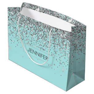 Monogram Blauwgroen Blue Silver Glam Glitter Name Groot Cadeauzakje
