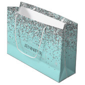 Monogram Blauwgroen Blue Silver Glam Glitter Name Groot Cadeauzakje (Voorkant Gekanteld)