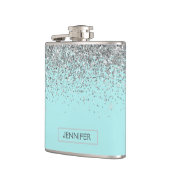 Monogram Blauwgroen Blue Silver Glam Glitter Name Heupfles (Links)