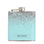 Monogram Blauwgroen Blue Silver Glam Glitter Name Heupfles (Voorkant)