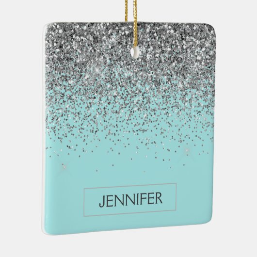 Monogram Blauwgroen Blue Silver Glam Glitter Name Keramisch Ornament (Rechts)