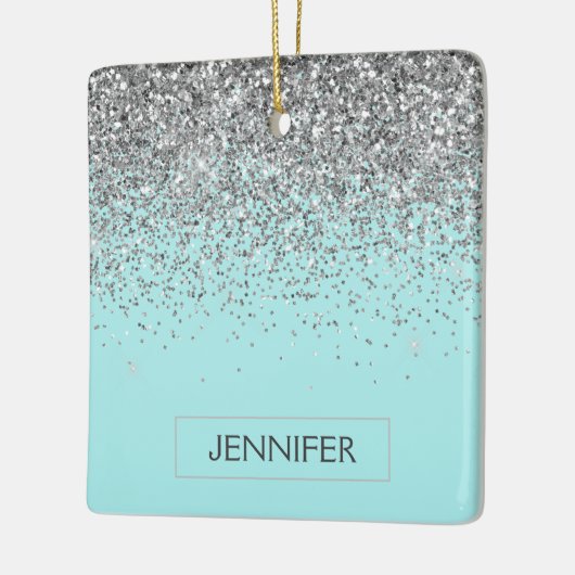 Monogram Blauwgroen Blue Silver Glam Glitter Name Keramisch Ornament (Links)