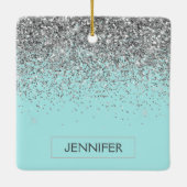 Monogram Blauwgroen Blue Silver Glam Glitter Name Keramisch Ornament (Achterkant)