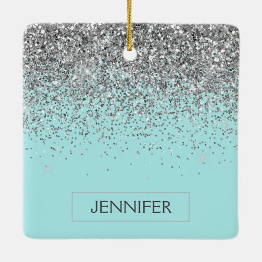 Monogram Blauwgroen Blue Silver Glam Glitter Name Keramisch Ornament (Achterkant)