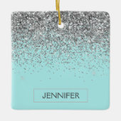Monogram Blauwgroen Blue Silver Glam Glitter Name Keramisch Ornament (Voorkant)