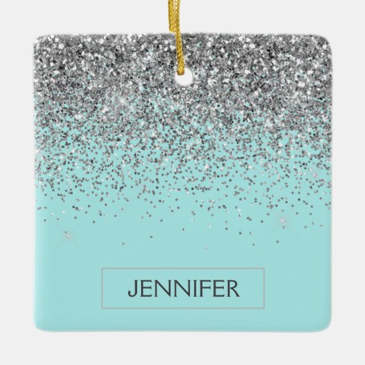 Monogram Blauwgroen Blue Silver Glam Glitter Name Keramisch Ornament (Voorkant)