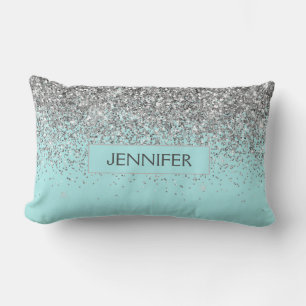 Monogram Blauwgroen Blue Silver Glam Glitter Name Kussen