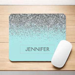 Monogram Blauwgroen Blue Silver Glam Glitter Name Muismat