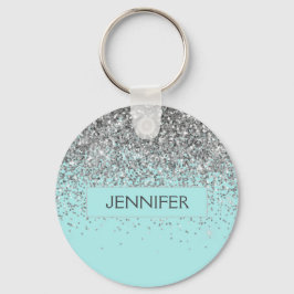 Monogram Blauwgroen Blue Silver Glam Glitter Name Sleutelhanger