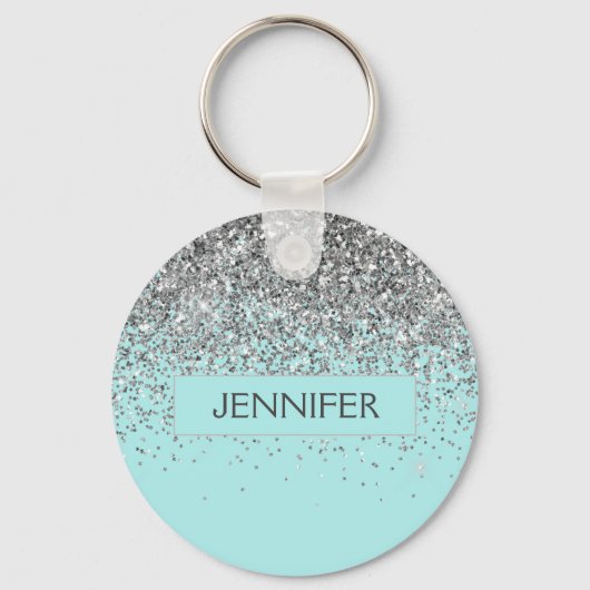 Monogram Blauwgroen Blue Silver Glam Glitter Name Sleutelhanger (Voorkant)