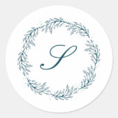 Monogram Blauwgroen Blue Wreath Classic Script Wed Ronde Sticker (Voorkant)