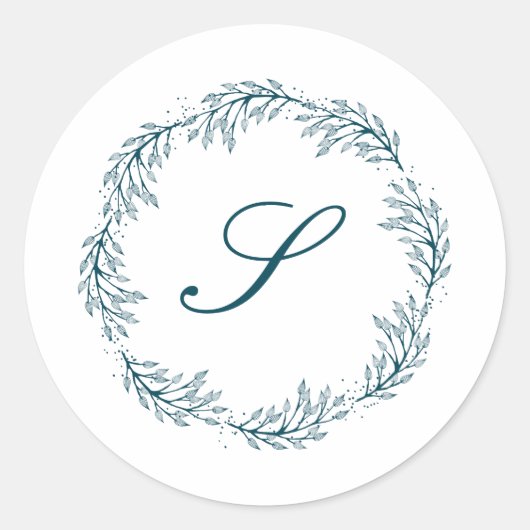 Monogram Blauwgroen Blue Wreath Classic Script Wed Ronde Sticker (Voorkant)